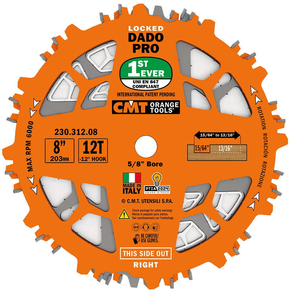 CMT Dado Pro Stacked Dado Set with Lock Spacers - 203mm (8") Diameter - 5/8" (15.88mm) Bore - 230-312-08