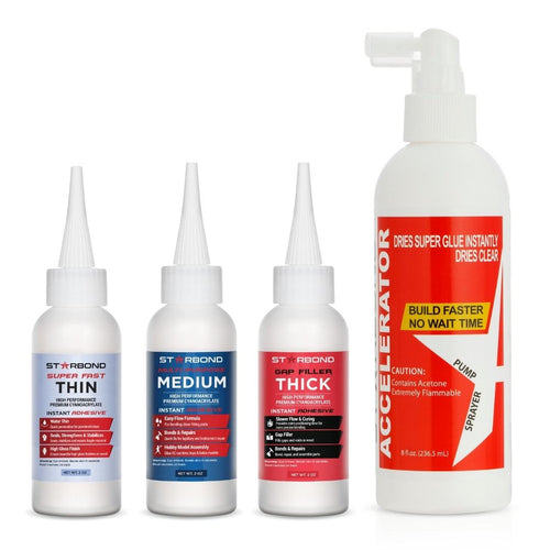 Starbond CA Super Glue Clear Bundle - 59ml/2oz Thin, Medium, Thick CA Super and 473ml/16 oz. Pump Accelerator Bundle