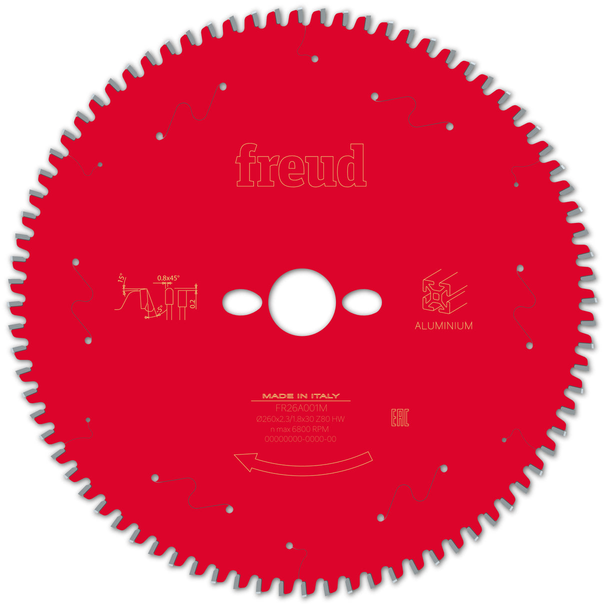 Freud Aluminium/Non-Ferrous Metal Cut Off Mitre Saw Blade - 260mm Diameter - 80 Tooth - 30mm Bore - FR26-A001M