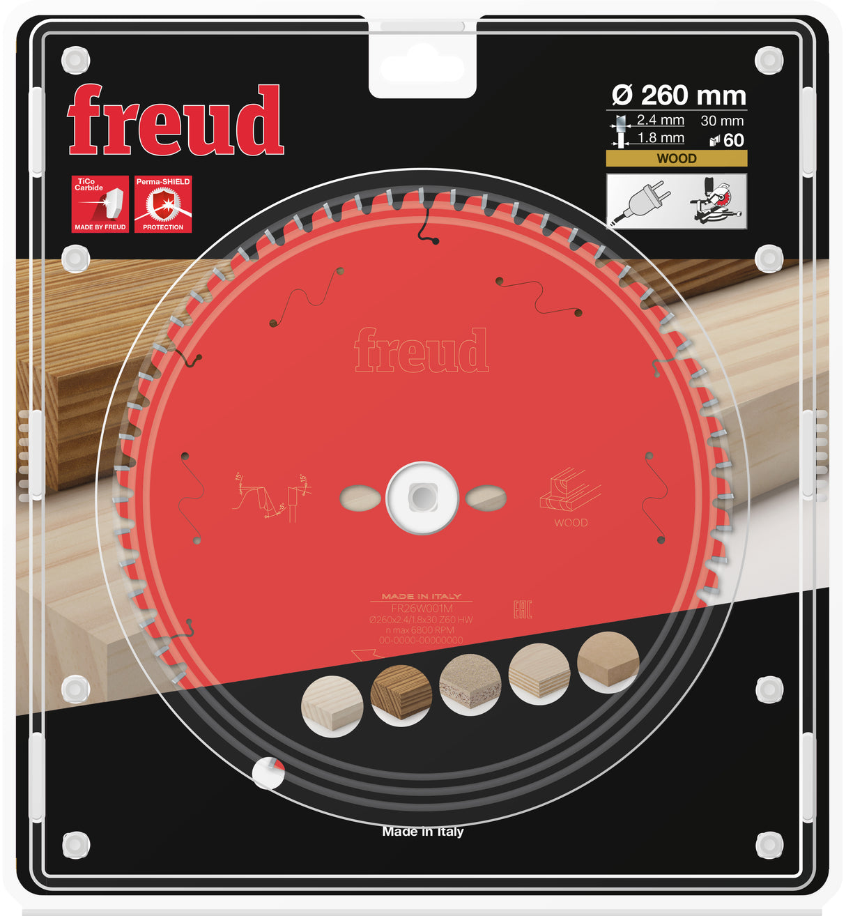 Freud Timber Fine Cut Off Mitre Saw Blade - 260mm Diameter - 60 Tooth - 30mm Bore - FR26-W001M