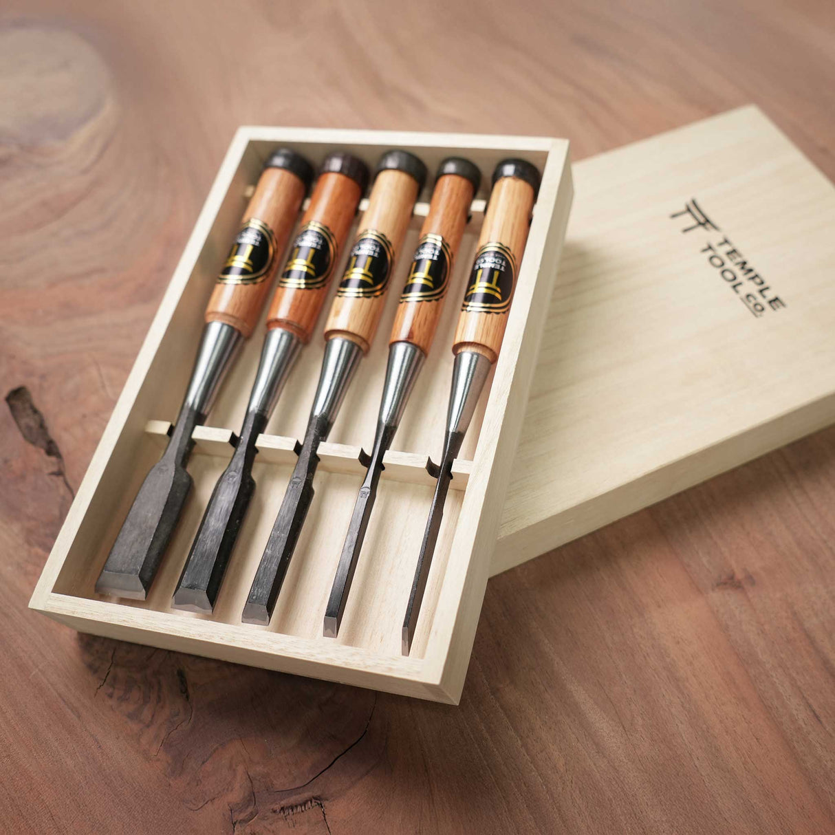 Temple Tool Co Japanese Bench Chisels Box Set (1", ¾", ½", ¼", ⅛")