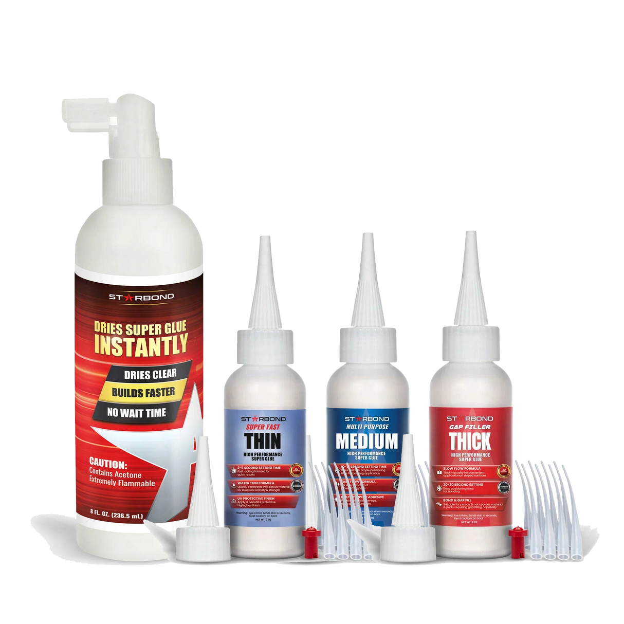 Starbond CA Super Glue Clear Bundle - 59ml/2oz Fast Thin, Medium, Thick CA Super and 236ml/8 oz. Pump Accelerator