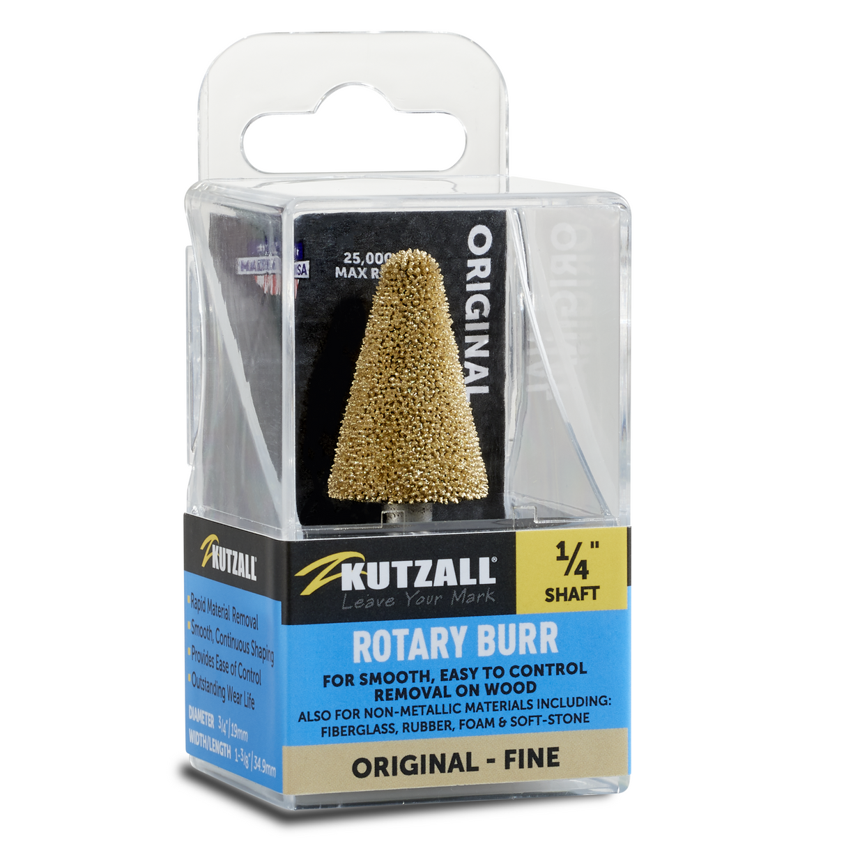 Kutzall 3/4" x 1-1/4" Taper Burr 1/4" - 1/4" Shank