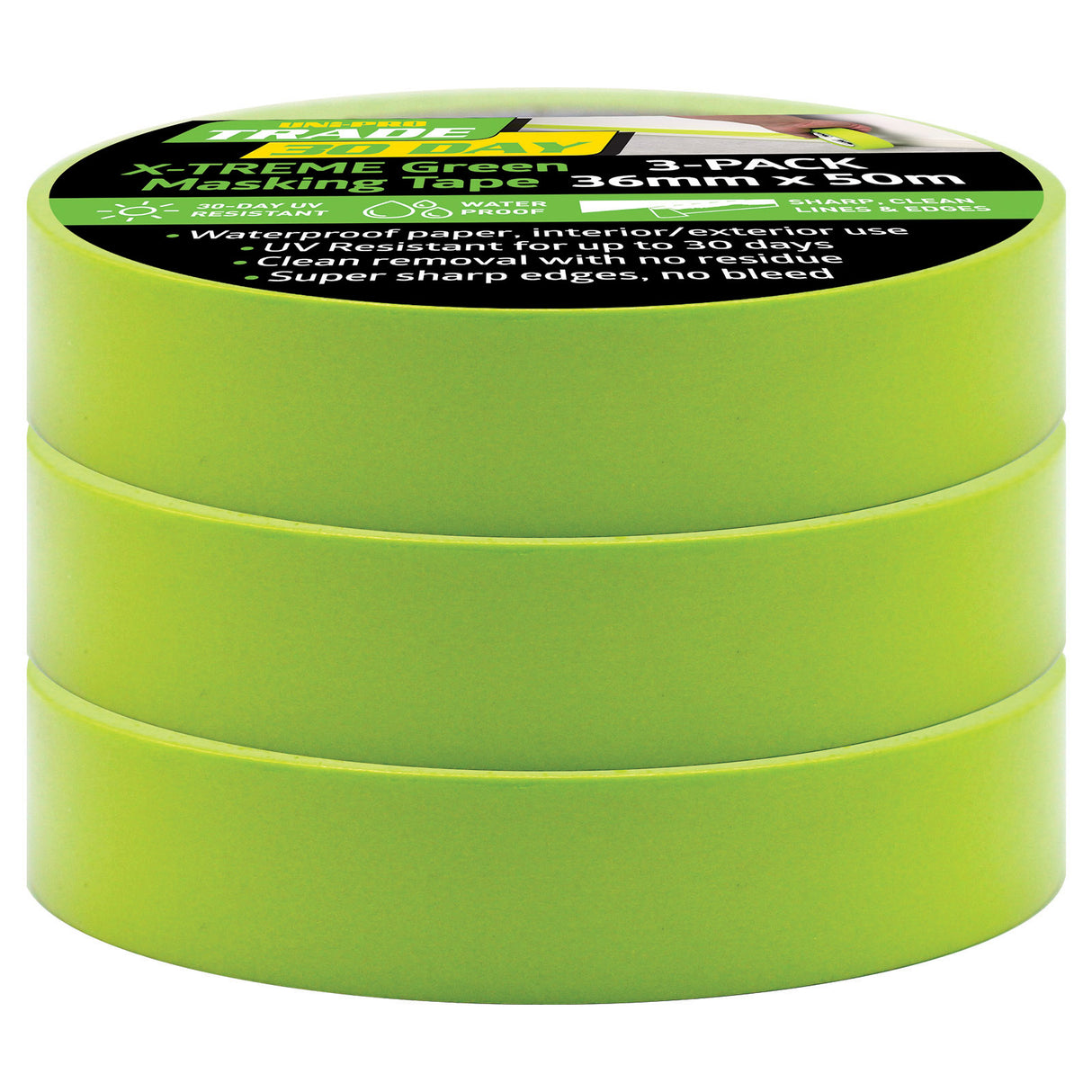 Uni-Pro Trade 30 Day X-TREME Green Masking Tape 3 Pack 36mm x 50m