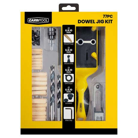 Carbitool 77 piece Dowel Jig Kit with 6mm, 8mm and 10mm drills, stoppers, locators and wood plugs