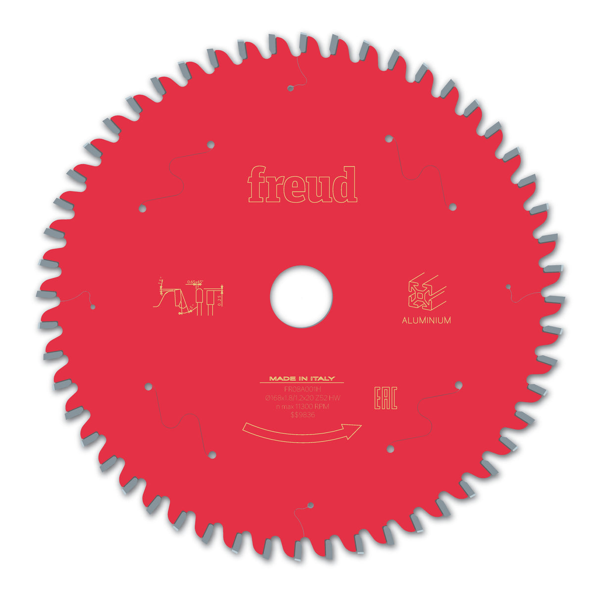 Freud Circular Saw Blade - 168mm Diameter - 52 Tooth - 20mm Bore - FR08 A001H - Aluminium