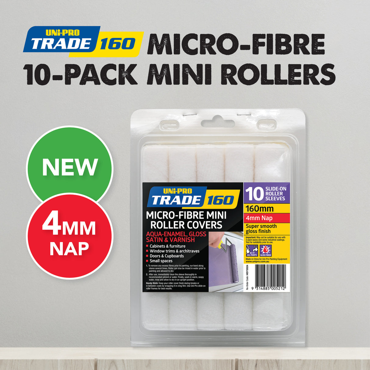 Uni-Pro Trade Microfibre Roller Sleeves - 4mm Nap x 160mm