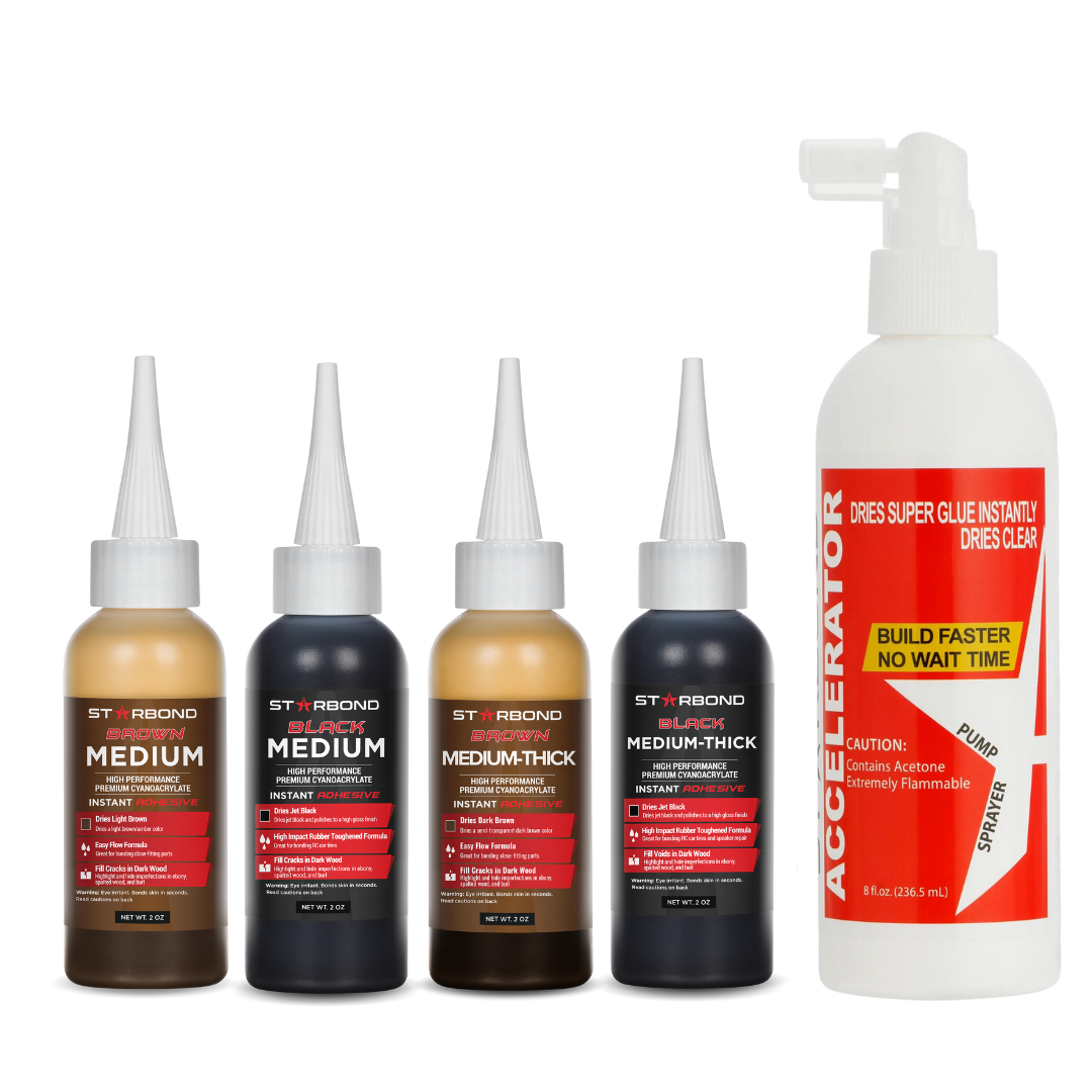 CA Glue Coloured Bundle - 2oz Black Medium, Black Medium-Thick, "Dark" Brown Medium Thick, Brown Medium, 8oz Pump Accelerator